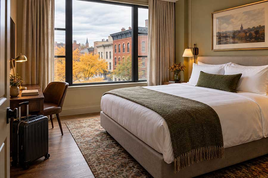 Autumn boutique hotel room with a warm bed and a window view over the town