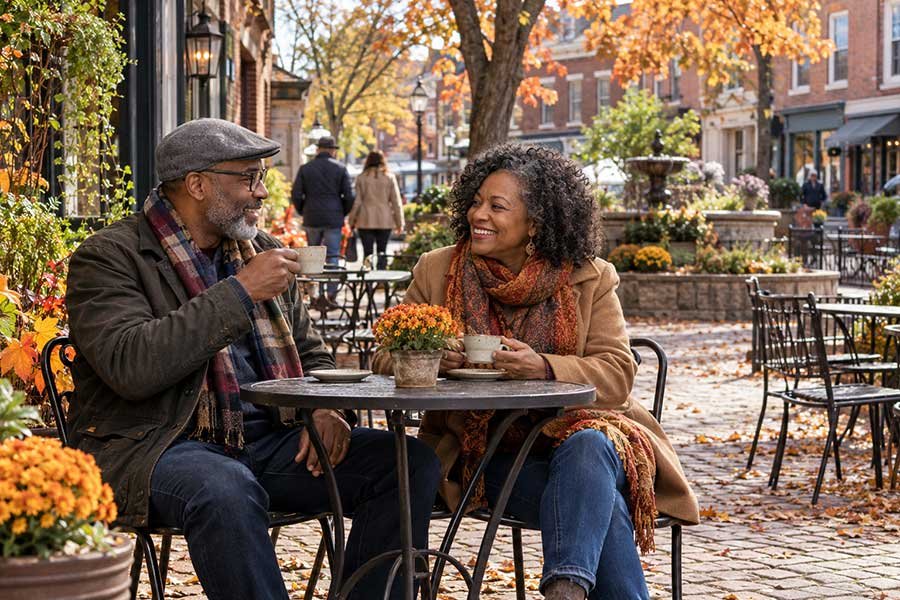 Two travelers sharing coffee and conversation in a small-town cafe on an autumn weekend