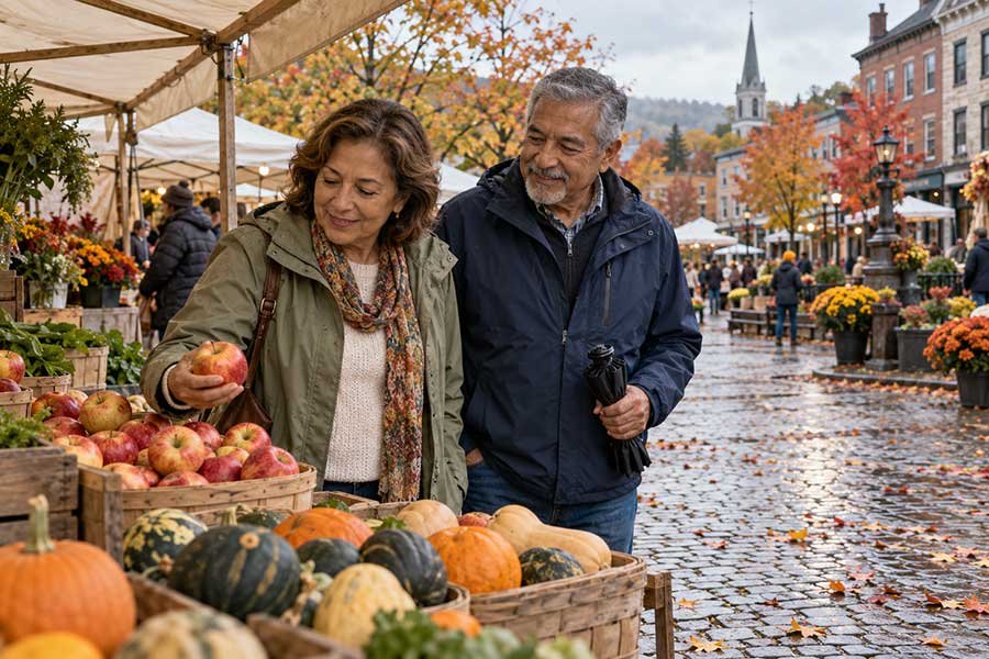 Autumn farmers market after the rain with fresh produce and shoppers under market tents