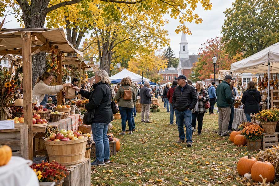 Autumn harvest festival on a village green with market stalls, pumpkins, and visitors