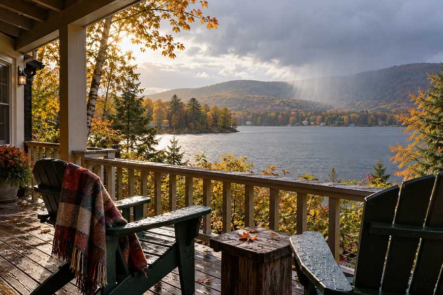 Lakeside porch in autumn between rain showers with a view of mist over the water