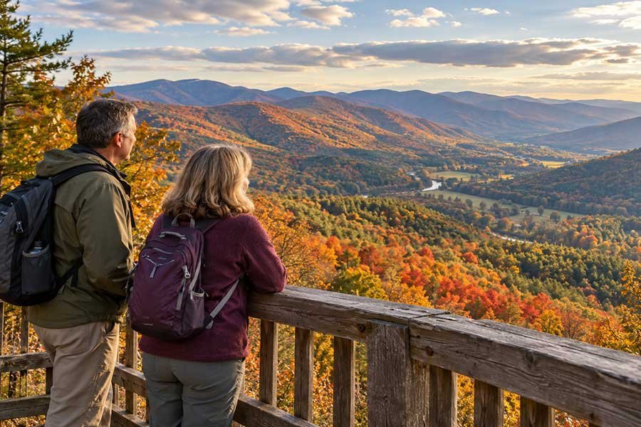 Autumn overlook above an Appalachian valley showing colorful hillsides at different elevations