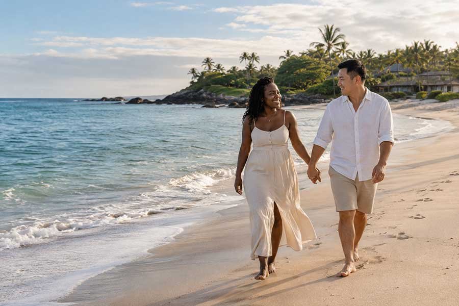 Newlywed couple walking barefoot along a quiet beach at sunrise on their honeymoon