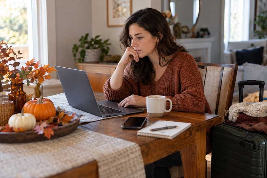 Traveler booking Thanksgiving flights on a laptop at home