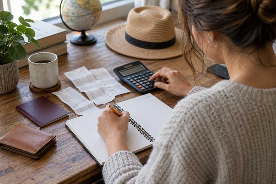 Traveler calculating a vacation budget at home with a notebook, calculator, and laptop