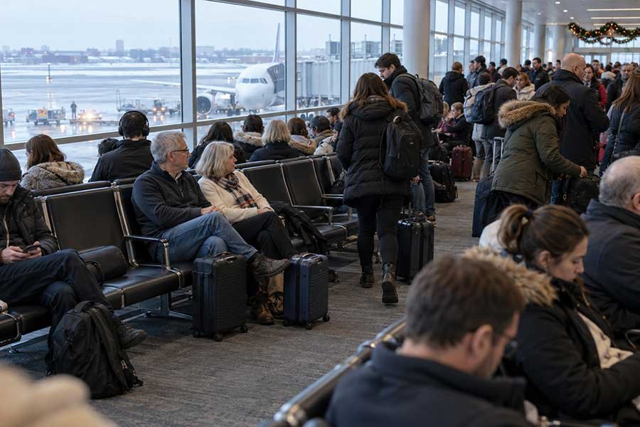 Calm couple waiting in a crowded holiday airport after booking their flights early