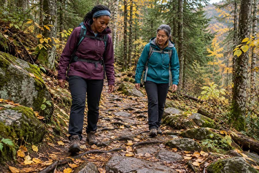 Hiker studying a trail sign while choosing a safe fall hiking trail among autumn trees