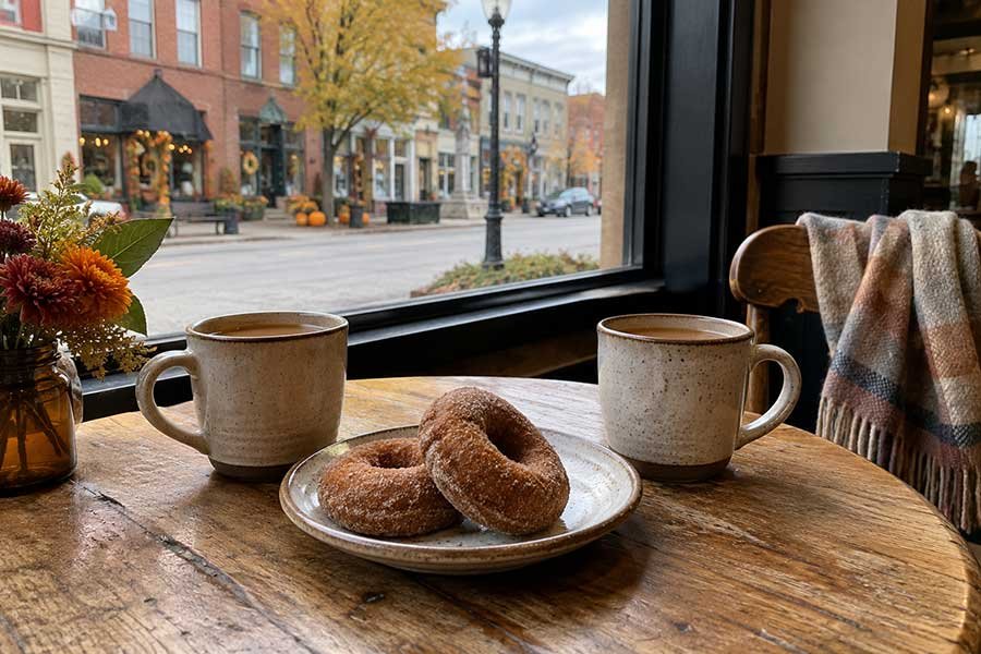 Cider, doughnuts, and small pumpkins on a cafe table by a window on an autumn day