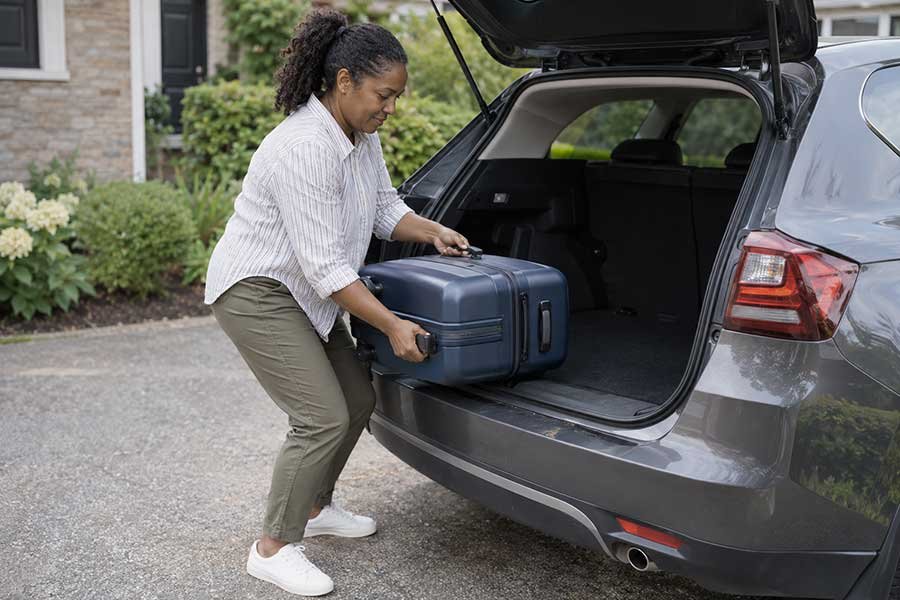 Traveler comfortably lifting a carry-on suitcase with good posture before a trip