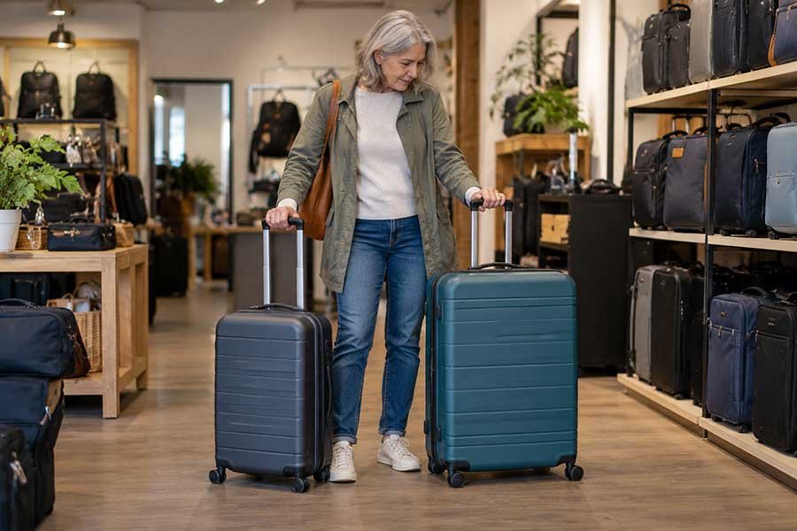 Traveler comparing a carry-on suitcase and a medium suitcase side by side to choose the easier size to lift