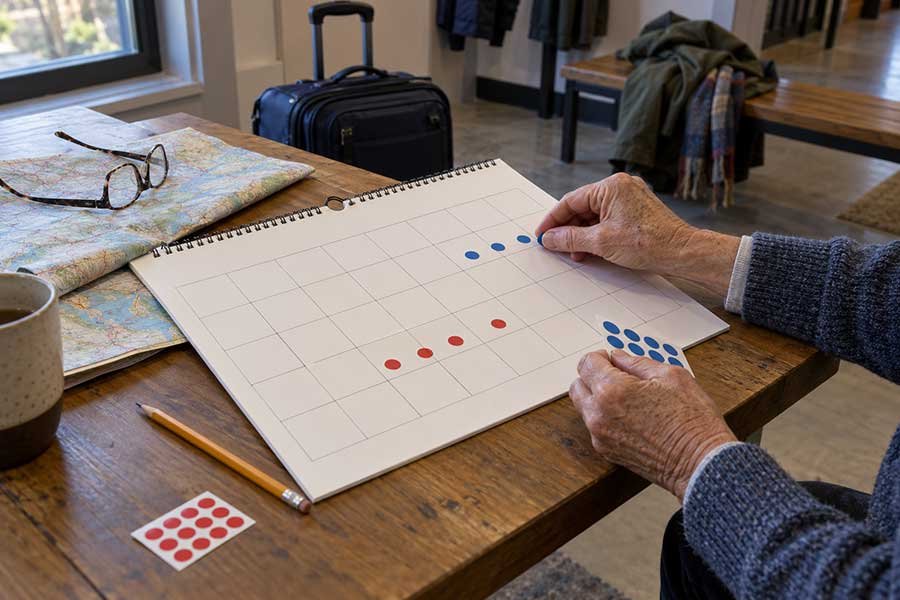 Traveler comparing holiday travel windows on a blank calendar to find a cheaper date