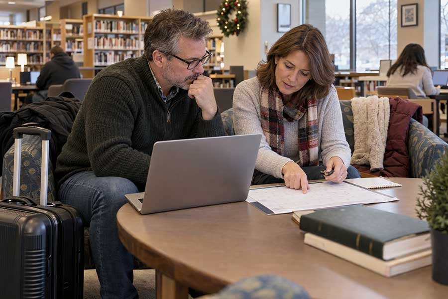 Couple planning Christmas flights together in a quiet library