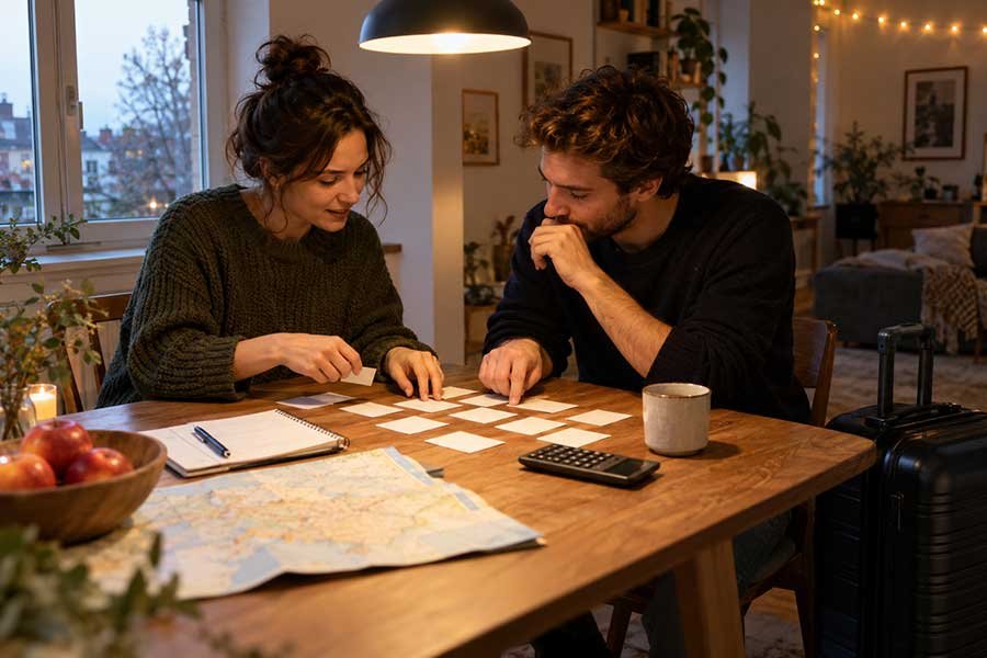 Couple planning a holiday travel budget together at a kitchen table