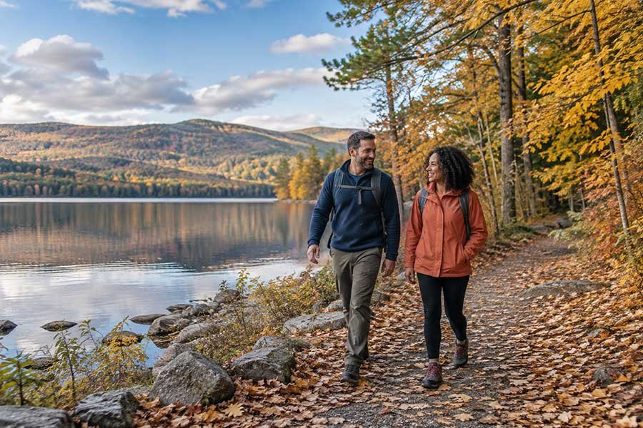 Couple strolling along a lakeshore in fall, enjoying a quiet getaway