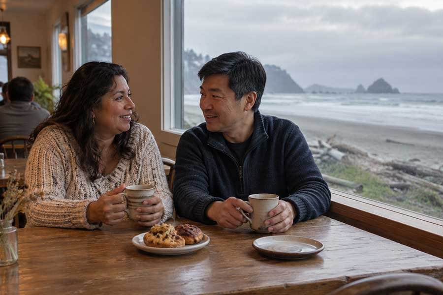 Traveler enjoying a hot drink in a cozy cafe by the sea on a cloudy fall beach day