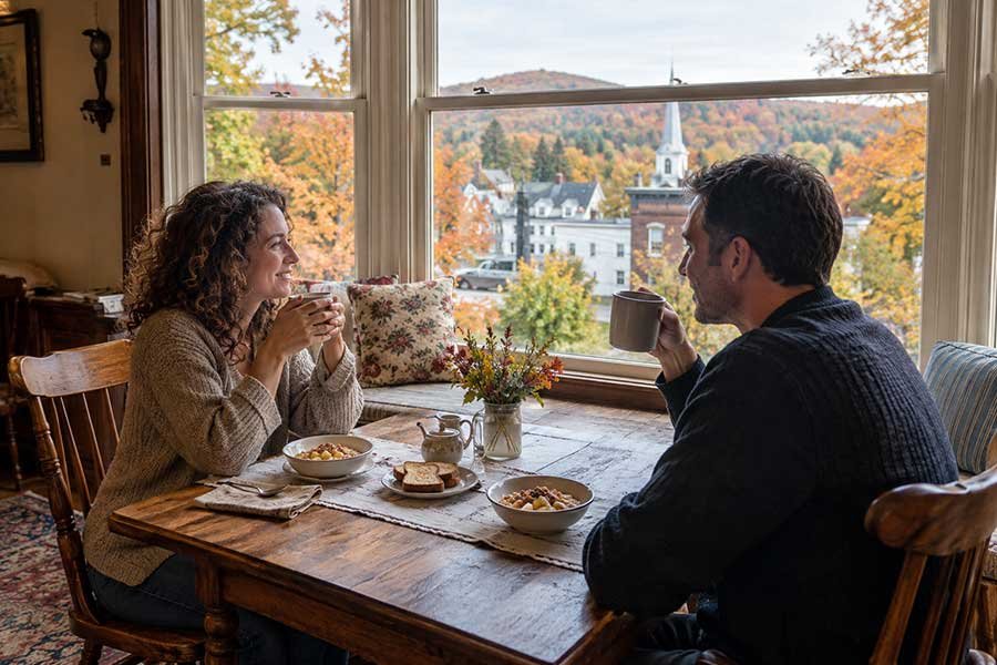 Couple sharing a cozy autumn breakfast by a bay window with warm drinks and golden light