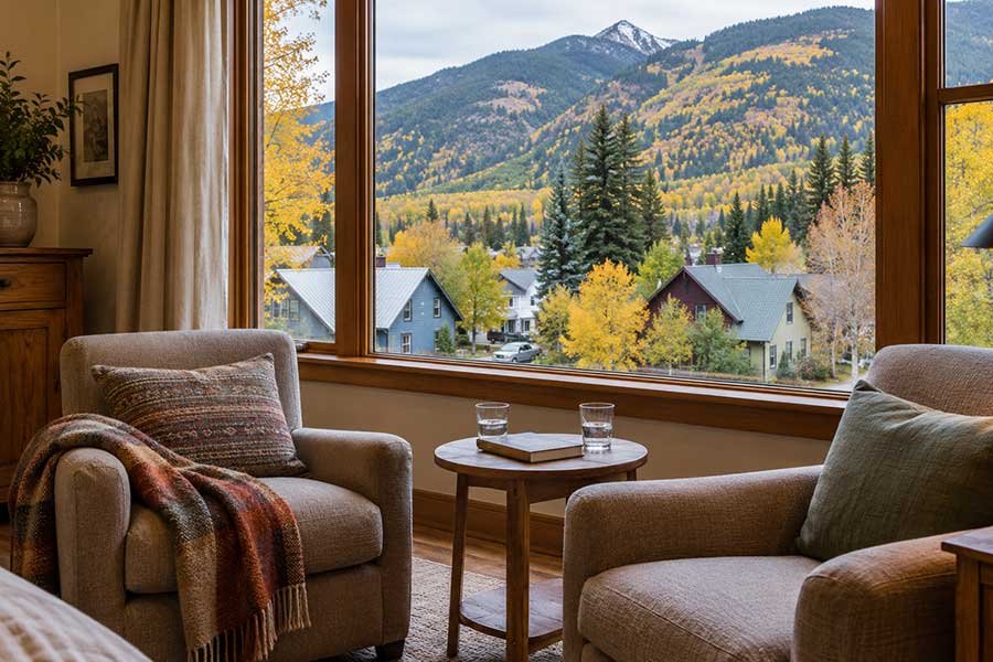 Cozy guesthouse overlooking an autumn mountain town with warm light in the windows