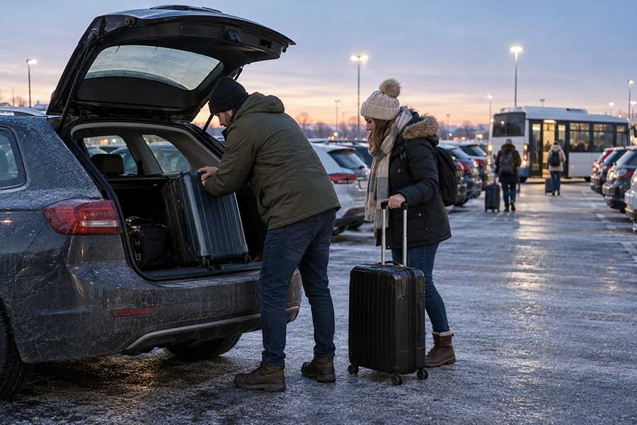Traveler pulling a suitcase from a long-term airport parking lot at dawn before a holiday trip