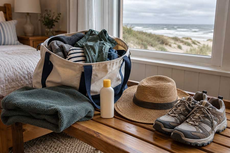 Packing layers, a rain jacket, and a swimsuit by the sea for a fall beach trip
