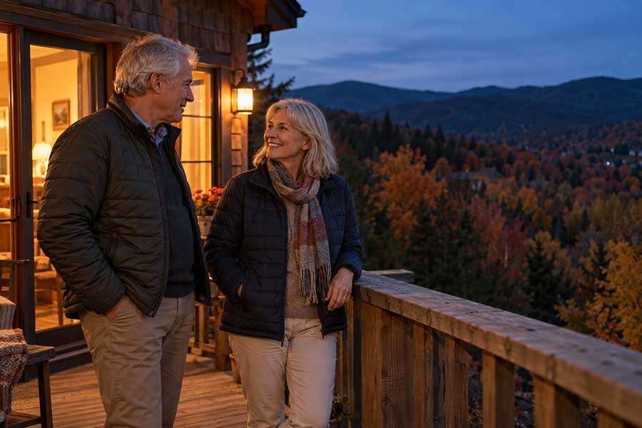 Traveler in layers on an inn terrace at fall dusk, comfortable with a light packing list