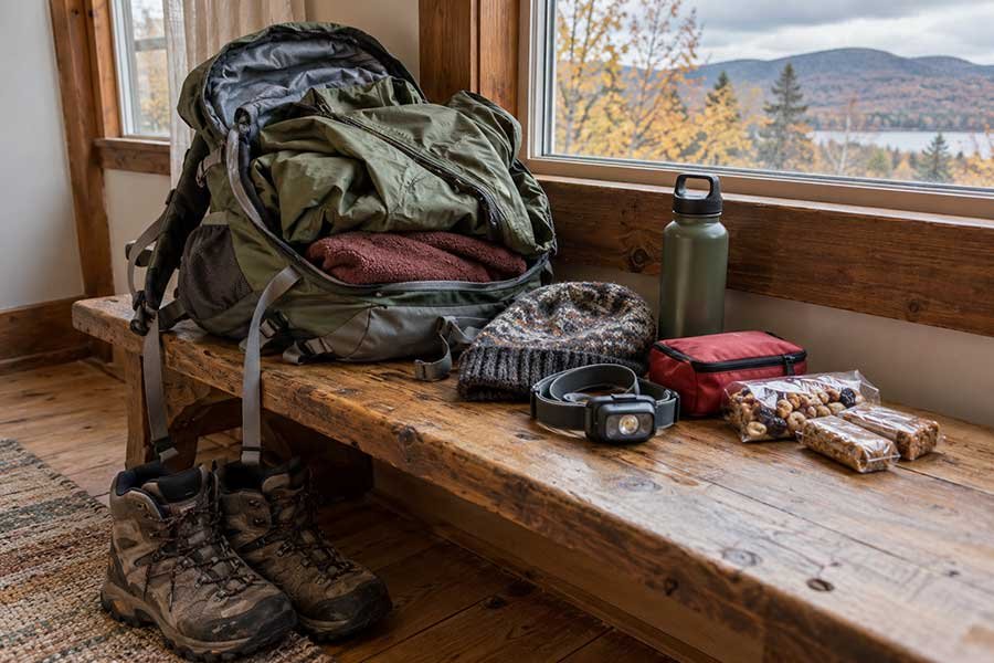Fall hiking essentials laid out on a guesthouse bench, including boots, a jacket, and a headlamp