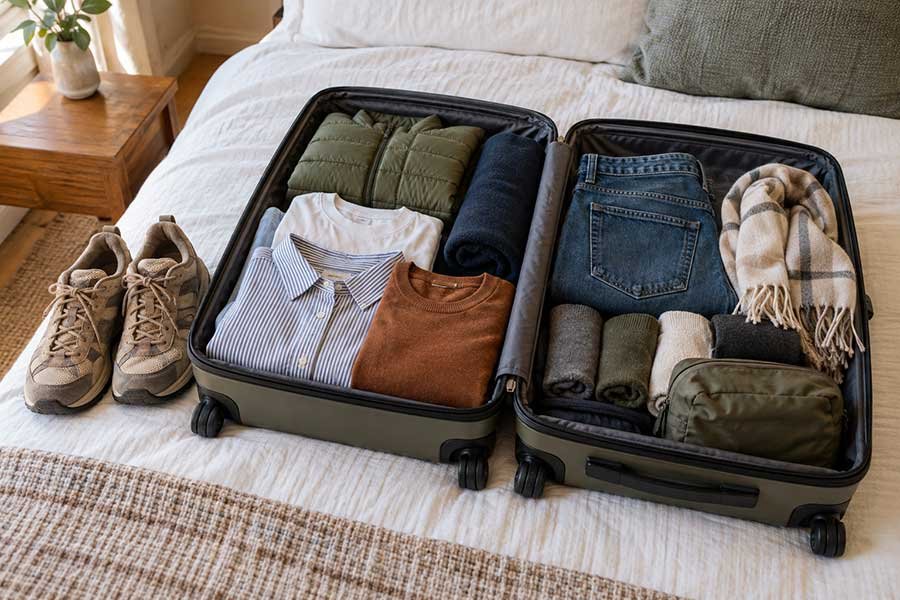 Suitcase packed with fall layers, a light jacket, and a scarf for changing weather