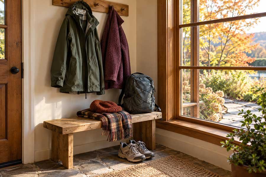 Traveler wearing fall layers in warm window light, with a light rain jacket nearby