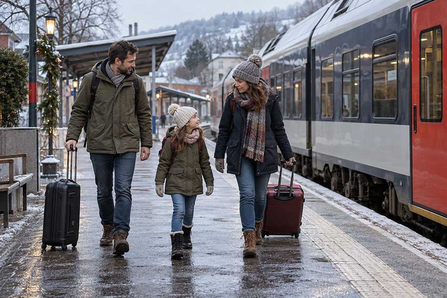 Family riding a train together on a winter getaway
