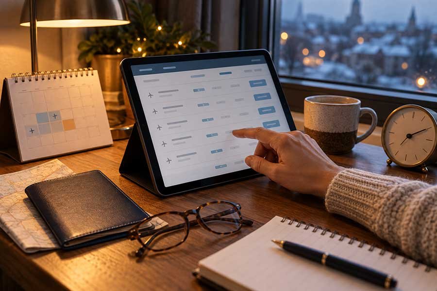 Traveler comparing flexible New Year's flight dates on a phone and laptop