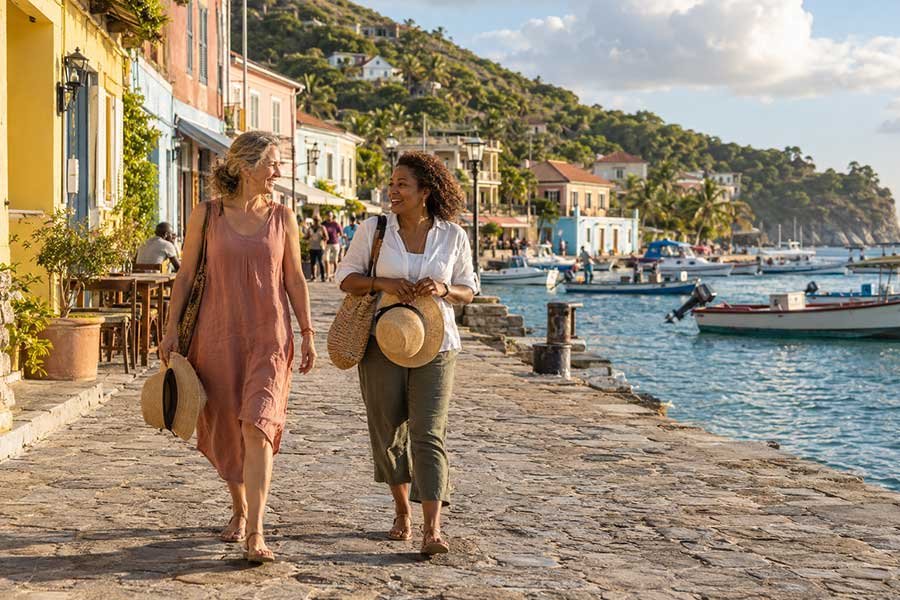 Friends exploring a quiet Caribbean town together on a warm winter holiday