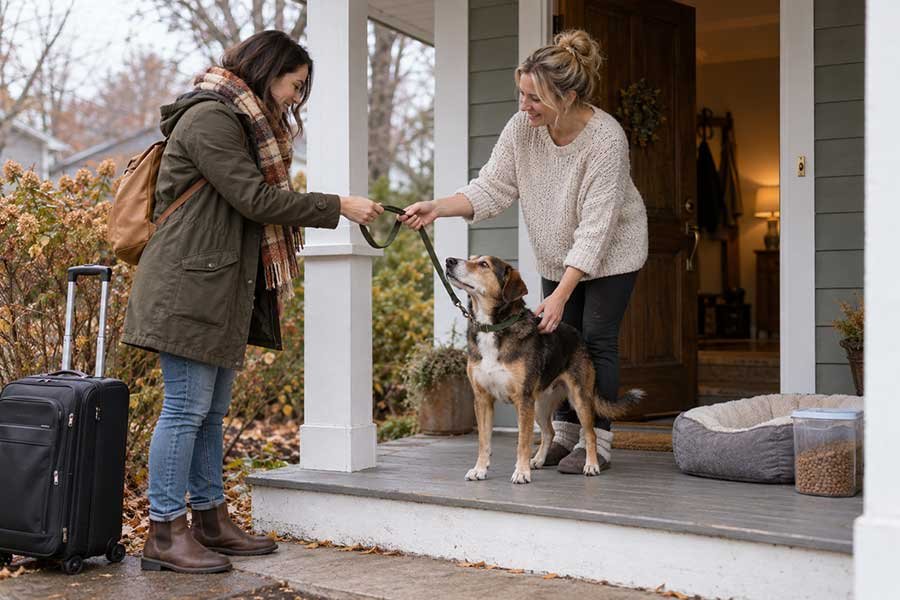 Pet owner handing over a dog's leash to a boarding staff member before leaving for holiday travel