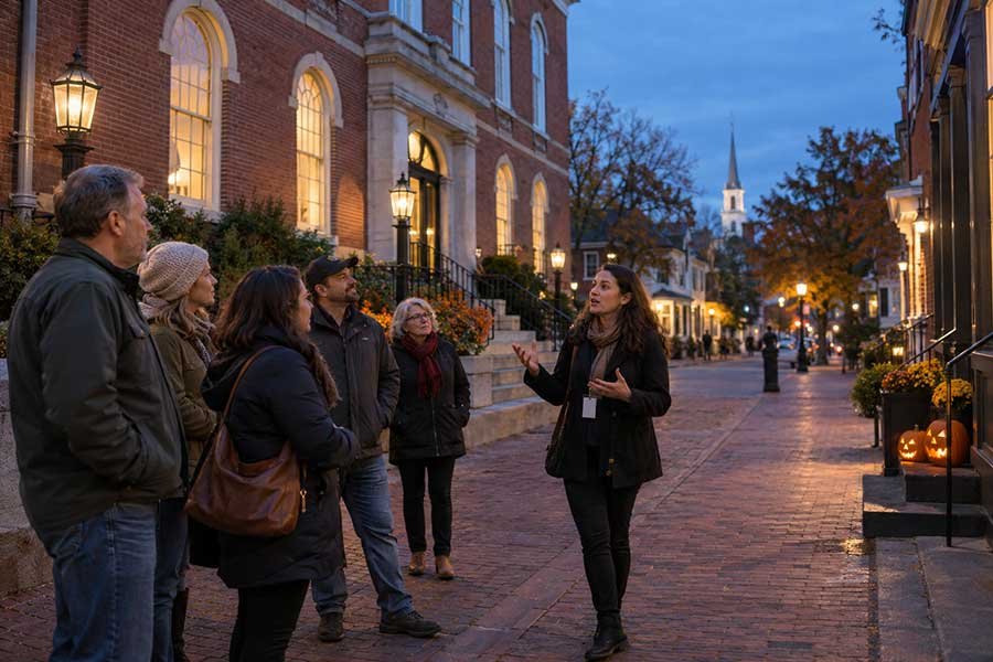 Visitors on an evening Halloween walking tour through a historic town with lanterns and autumn decorations
