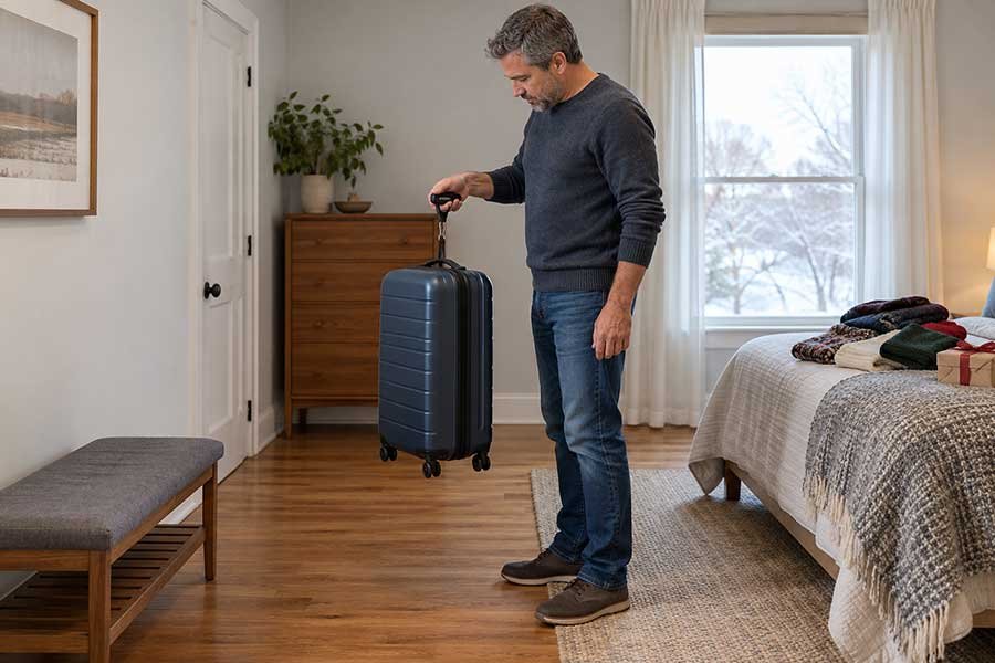 Traveler weighing a packed suitcase at home with a luggage scale before a holiday flight