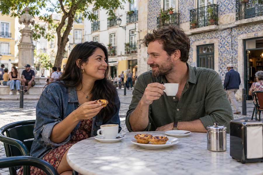 Newlywed couple sharing coffee at a sunny cafe in a historic Lisbon street on their honeymoon