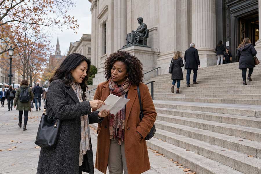 Friends strolling through a museum together on a late November city escape