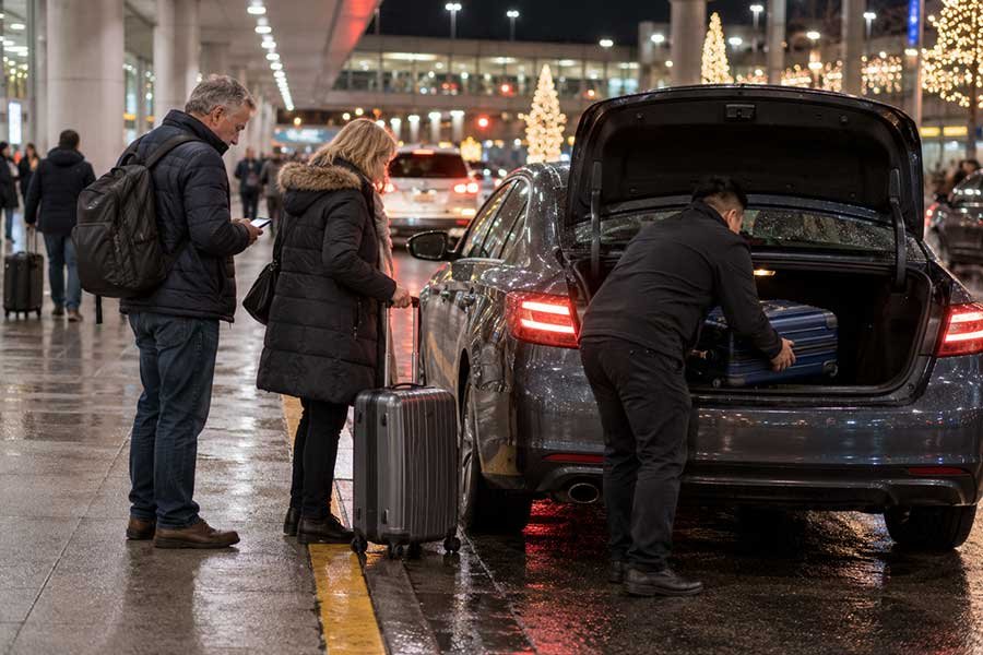 Traveler collecting luggage at a late-night airport baggage claim after a delayed holiday flight