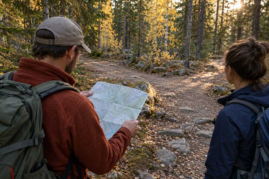 Hikers checking a map at a forest junction on a fall trail