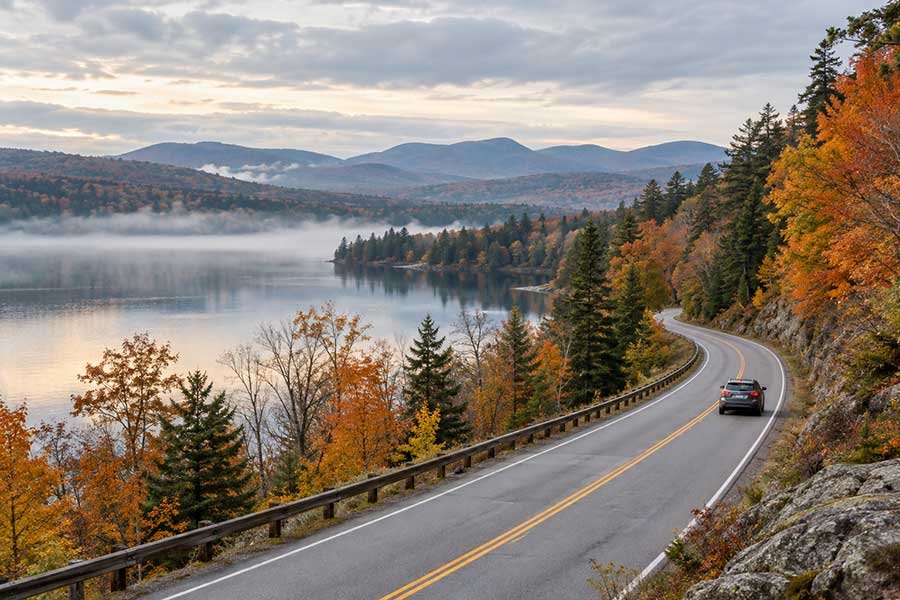 Misty autumn road running beside a calm lake, a scenic drive for a fall weekend getaway
