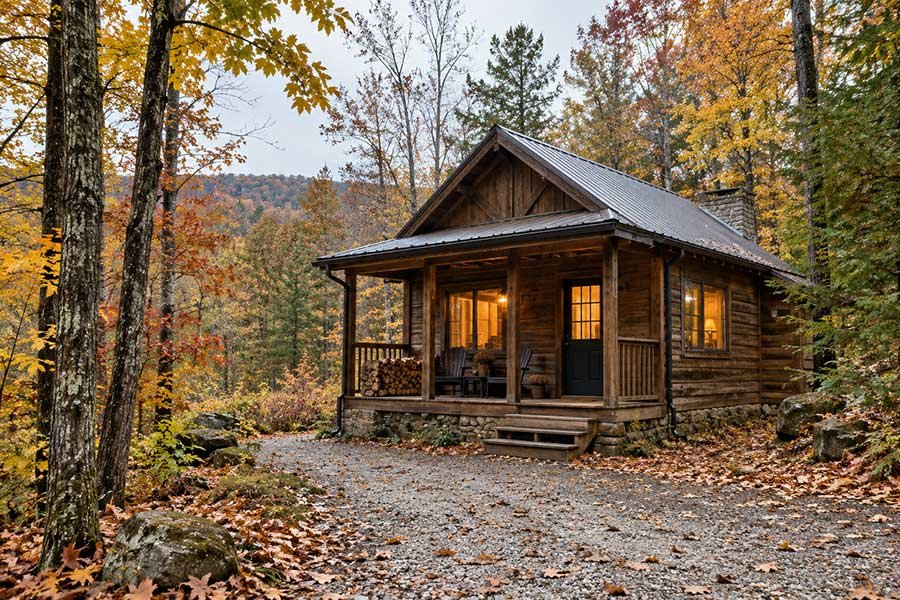 Modest cabin in autumn woods with warm light in the windows and fallen leaves around it
