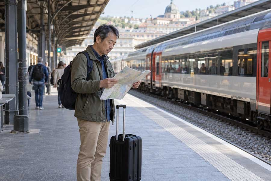 Solo traveler navigating a first trip with a phone map on a quiet city street