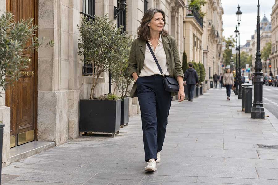 Traveler on a city stroll wearing a coordinated navy, cream, and olive travel outfit