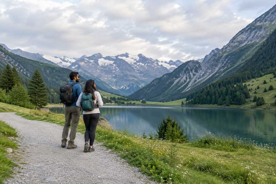 Newlywed couple strolling beside a calm alpine lake with mountains in the background