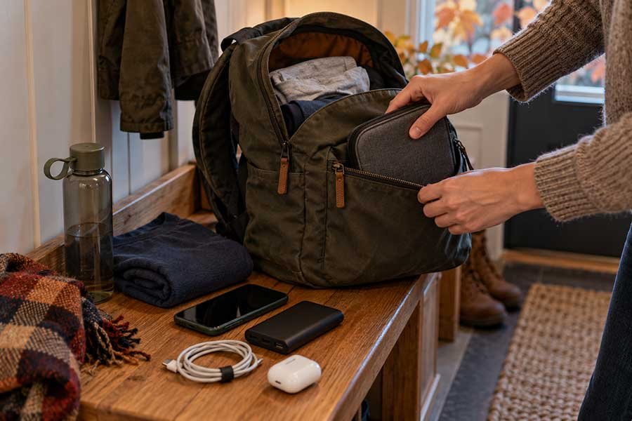Traveler organizing passport, phone, chargers, and travel essentials on a table before a Thanksgiving trip