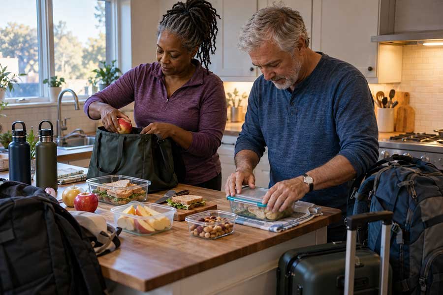 Packing homemade travel snacks at dawn before a holiday trip