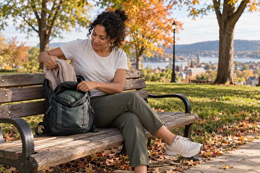 Traveler packing light layers into a day bag for a fall day trip