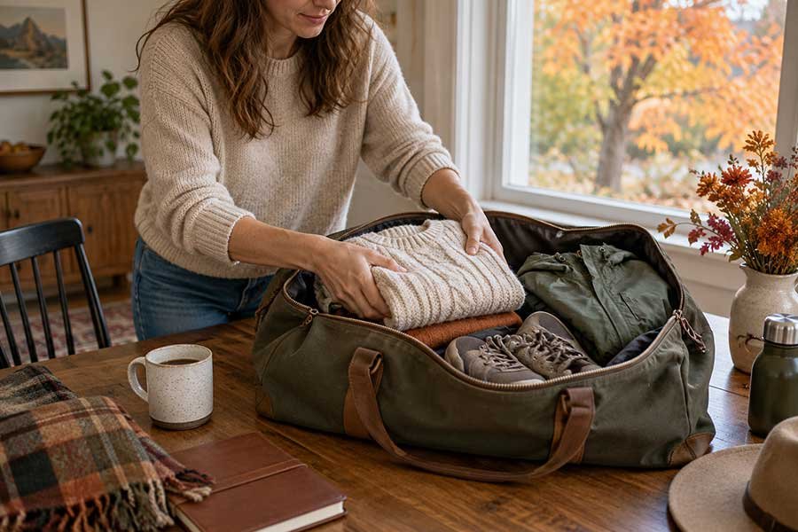 Traveler packing a small weekend bag with light layers for a fall getaway