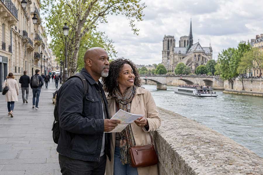 Traveler planning a first Europe trip with a map beside the Seine in Paris