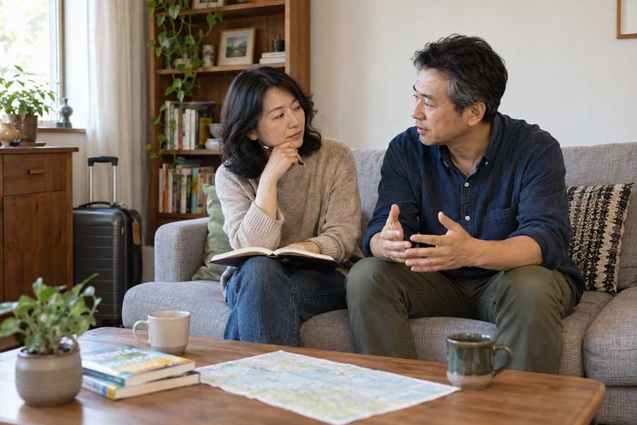 Traveler planning a trip with a map and notes before choosing a destination