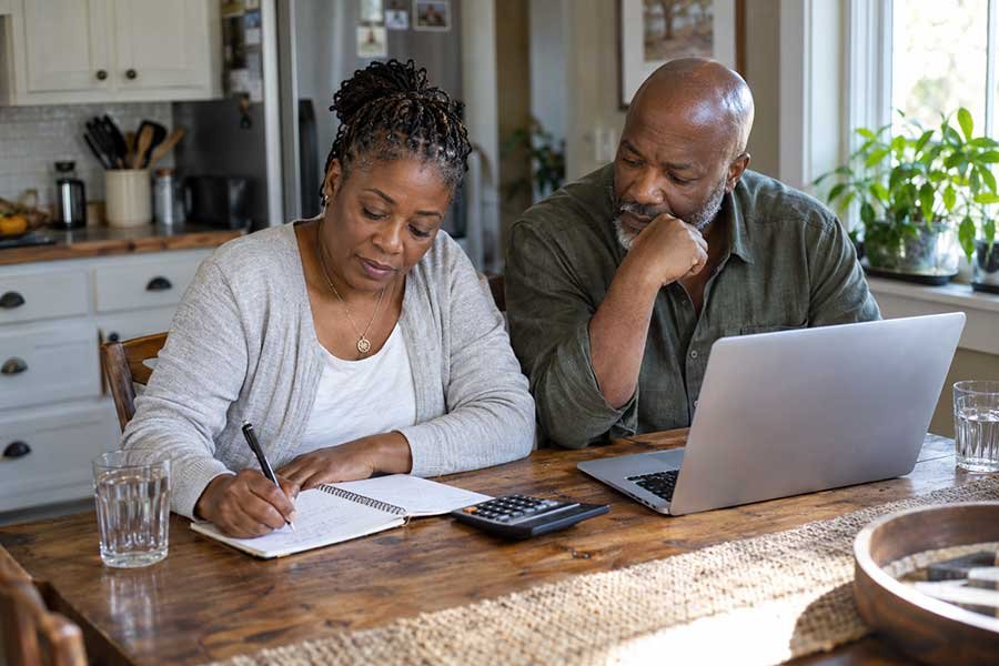 Couple planning a vacation budget together at a table with notes and a laptop