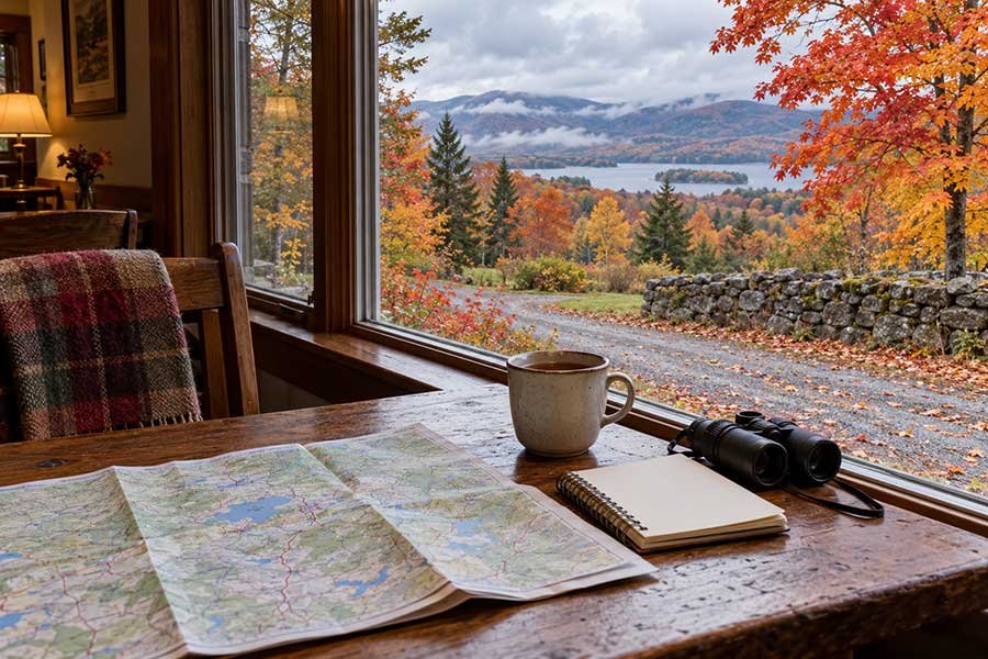 Traveler planning a fall foliage getaway with a map and a cup of coffee near colorful trees